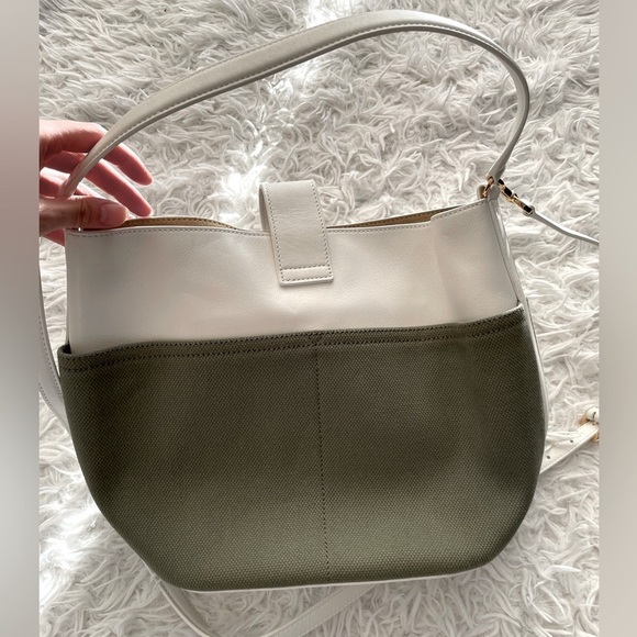 NEW Veronica Beard Small Suede Crest Lock Bucket Bag green white - Picture 3 of 7